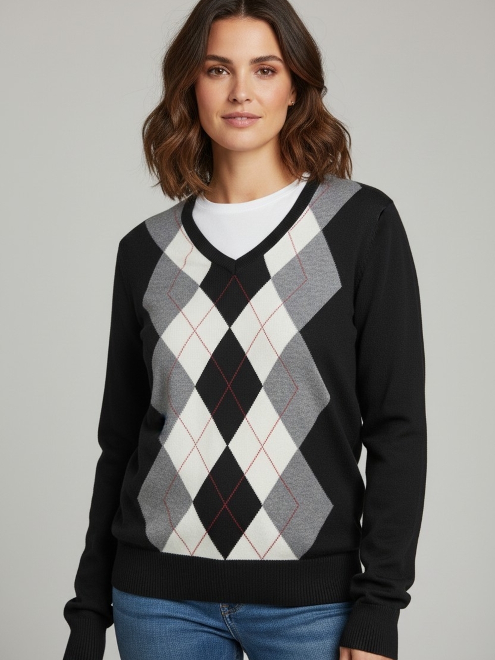 Classic Black Argyle V-Neck Sweater